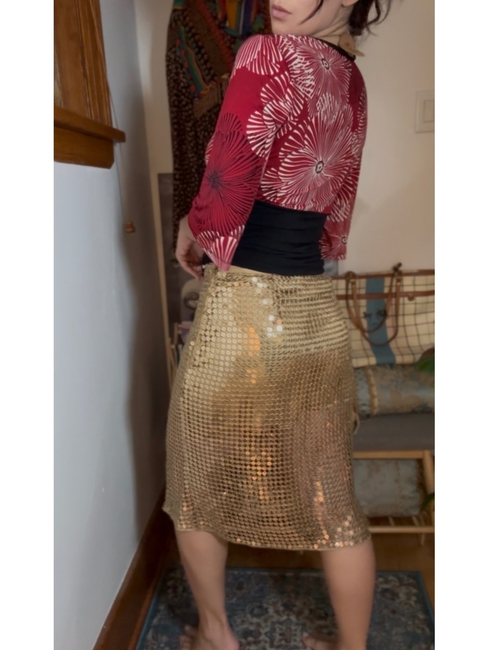 Vintage Gold Sequin Midi Skirt size M